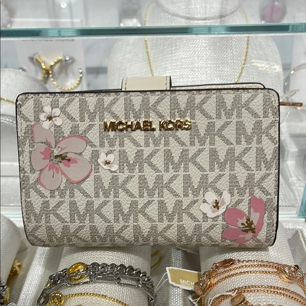 Michael Kors Jet Set Medium Floral Embellished Signature Logo Bi-fold Wallet NWT